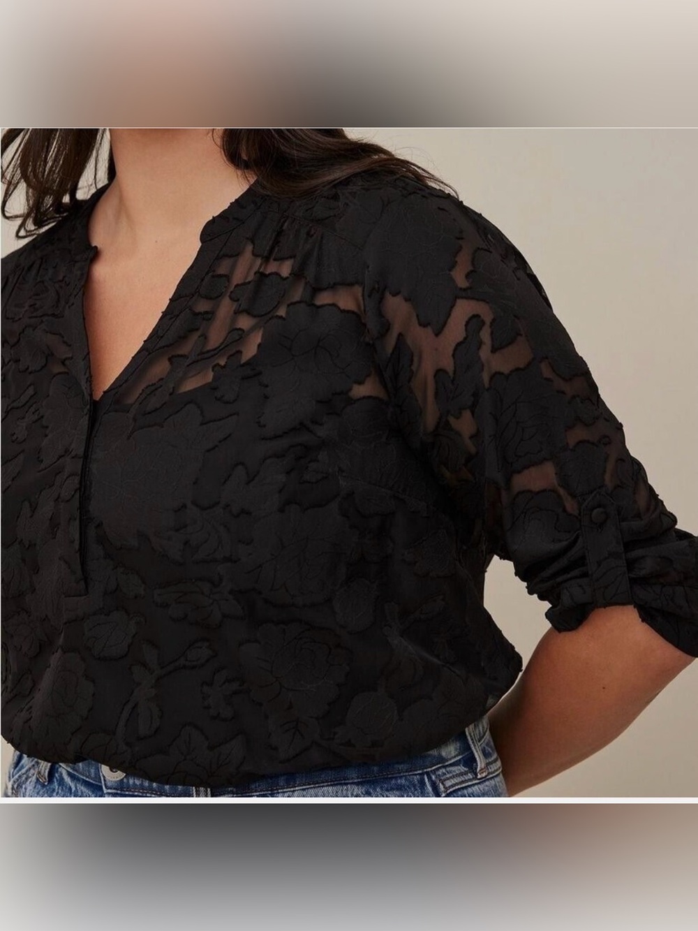 Torrid Black Floral Burnout Split Neck Blouse 4XL